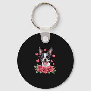 Porte-clés T-shirt Boston Terrier avec Cœurs de Roses Rouges