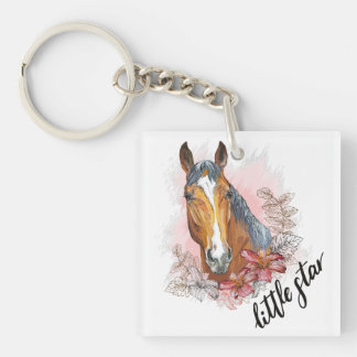 Porte-clés T-Shirt dessin main cheval avec plantes et fleurs