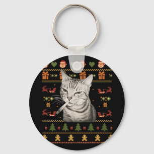 Porte-clés T-shirts drôles de chat qui fume pour Noël
