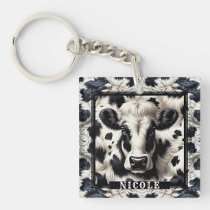 Porte-clés Taches de vache noir et blanc pelucheux