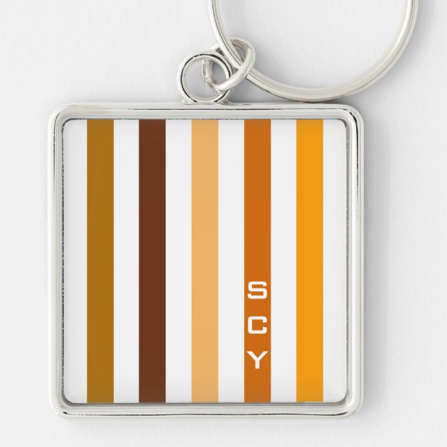 Porte-clés Tan Brown Orange Vertical Stripes Monogramme (Devant)