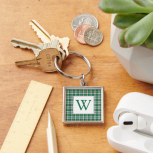 Porte-clés Tartan à carreaux vert et noir avec monogramme