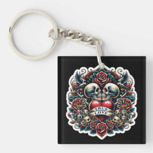 Porte-clés Tatouage de cœur squelette de véritable amour vue