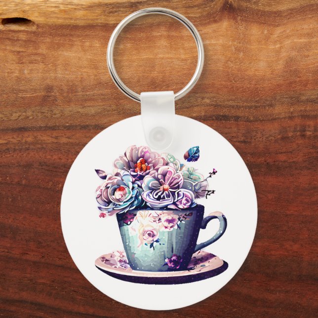 Porte-clés Teacup d'antiquité personnalisée avec fleurs Vinta (Recto)