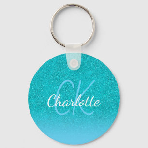 Porte-clés Teal blue glitter aqua green monogram initials