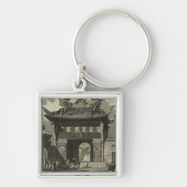 Porte-clés Temple impérial asiatique en noir et blanc (Devant)