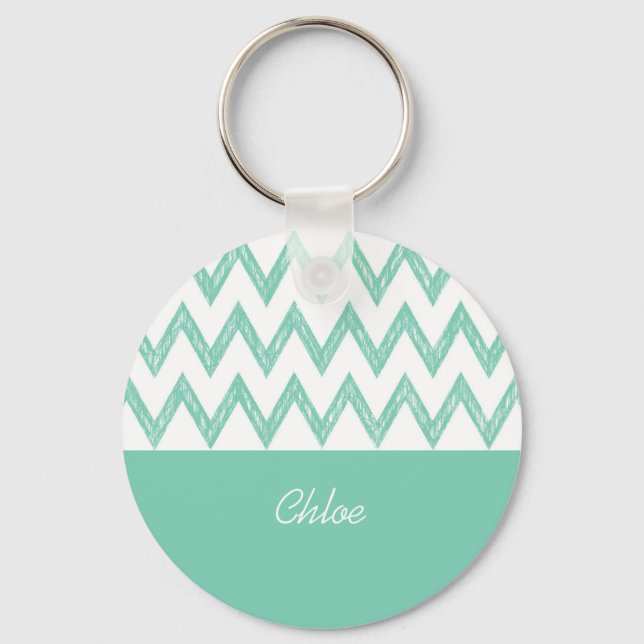 Porte-clés Tendance Crayon Vert Chevron Zigzags Avec Nom (Recto)
