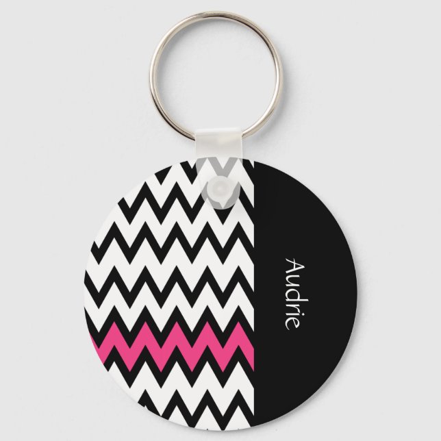 Porte-clés Tendance noir et blanc Chevron rose avec nom (Recto)