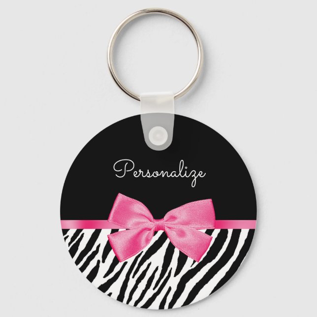 Porte-clés Tendance Zebra Print Chic Hot Rose Bow et nom (Recto)