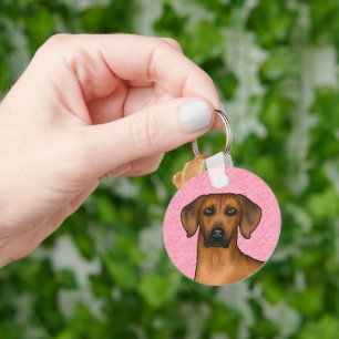 Porte-clés Tête de chien Rhodesian Ridgeback sur coeurs roses