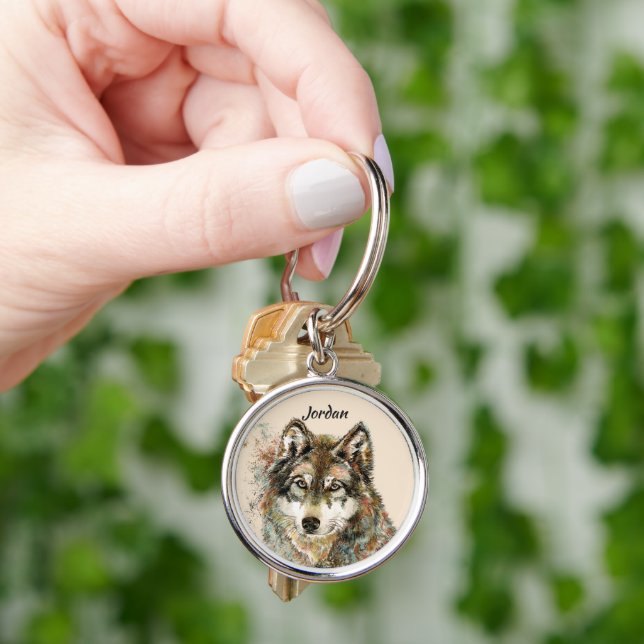 Porte-clés Tête de loup aquarelle nom personnalisé (main)