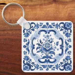 Porte-clés Texte personnalisé Floral Hollandais Carreaux Moti