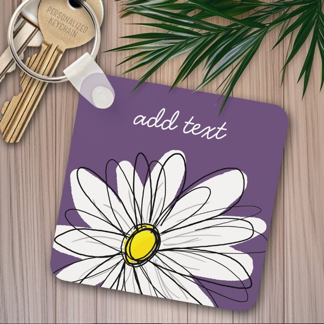 Porte-clés Texte personnalisé marguerite mauve et jaune (Personalized keychain - add name)