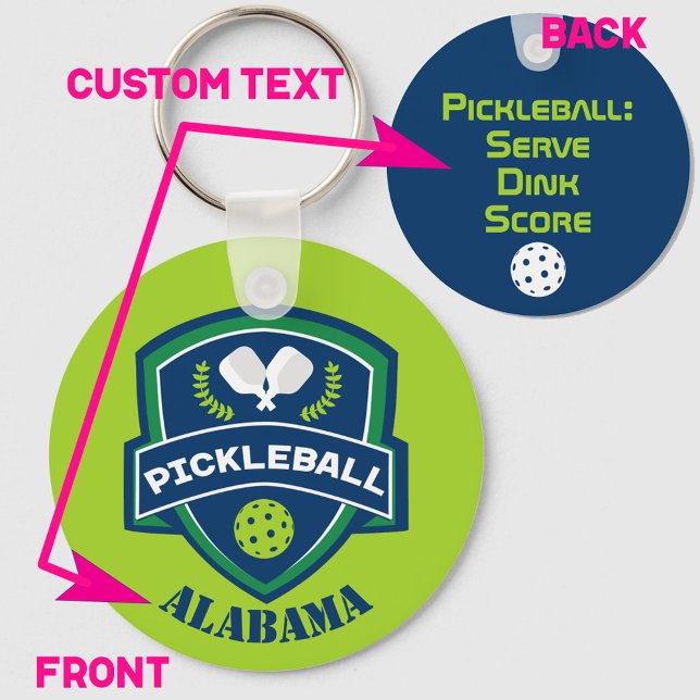 Porte-clés Texte personnalisé Pickleball 2 côtés (Green and navy blue pickleball keyring with 2 sided custom text. Great as gift for pickleball player)