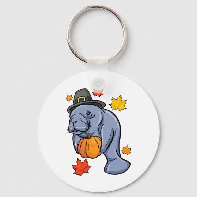 Porte-clés Thanksgiving Manatee Pilgrim Fall Citrouille Dugon (Recto)