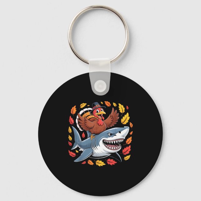 Porte-clés Thanksgiving Turkey Riding Shark Funny Autumn Boys (Recto)