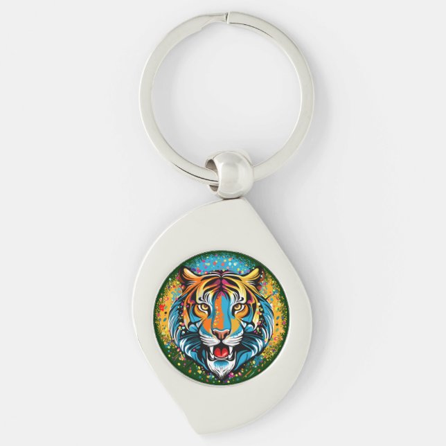 Porte-clés Tiger Head Rainbow colors paint stains (Devant)