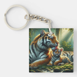 Porte-clés Tigers dans la peinture sur forêt éclairée