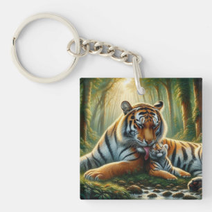 Porte-clés Tigers dans une jungle luxuriante peinture aquarel