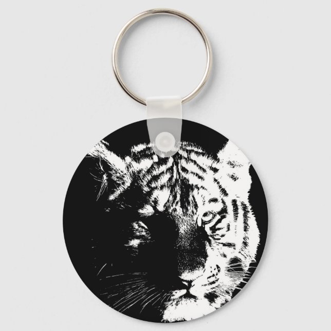Porte-clés Tigre noir et blanc Pop Art (Recto)