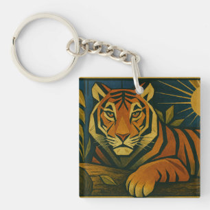 Porte-clés Tigre stylisé dans le cadre ornemental Sunburst