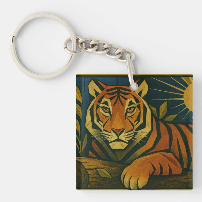 Porte-clés Tigre stylisé dans le cadre ornemental Sunburst (Devant)