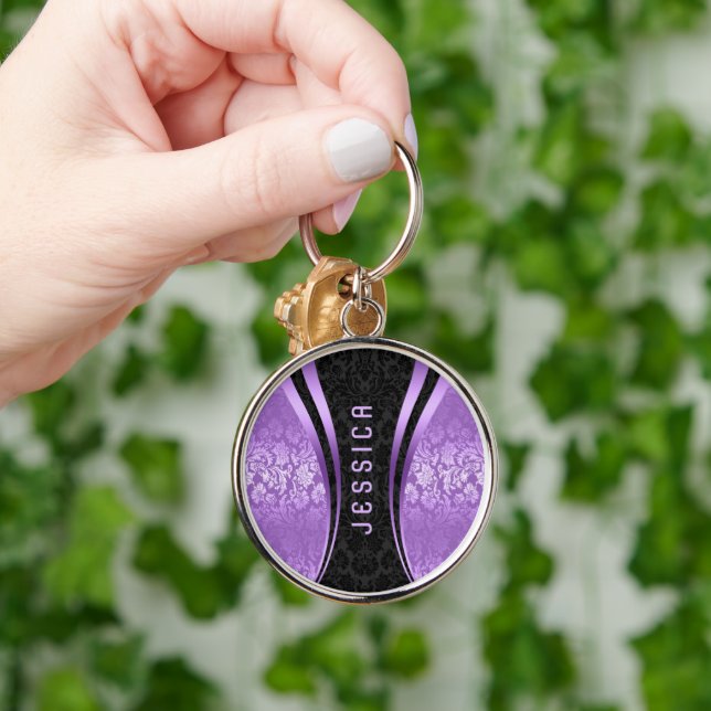 Porte-clés Tons Noir Et Violet Damas Florales (Main)