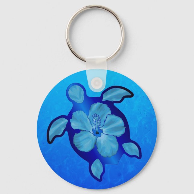 Porte-clés Tortue de Honu bleu et Hibiscus (Recto)