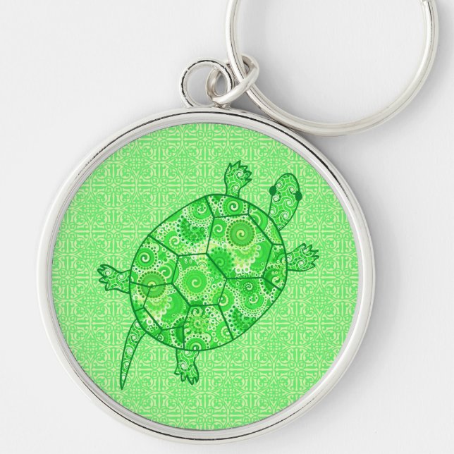 Porte-clés Tortue tourbée fractale - chaux et vert émeraude (Devant)