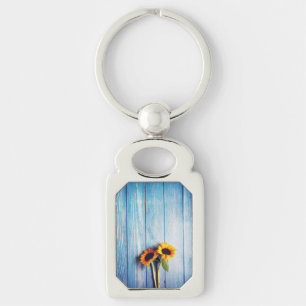 Porte-clés Tournesol sur Mur en Bois Bleu