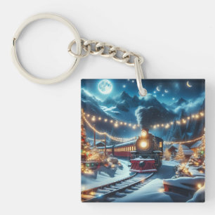 Porte-clés Train de Noël magique dans un paysage enneigé
