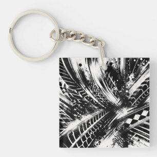 Porte-clés Tread & Chaos – Abstract Black-and-White Tire Trac