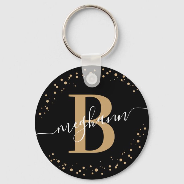 Porte-clés Trendy Girly Black Gold Nom Script Monogrammé (Recto)