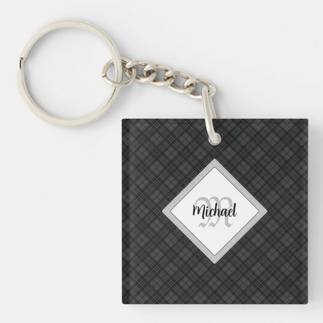 Porte-clés Trendy noir blanc tartan Personnaliser Monogramme (Devant)