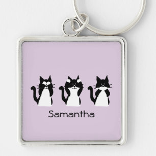 Porte-clés Trois chatons sages noir blanc violet personnalisé