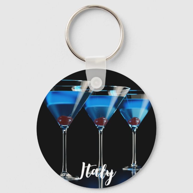 Porte-clés Trois cocktails bleus avec cerise sur noir (Recto)