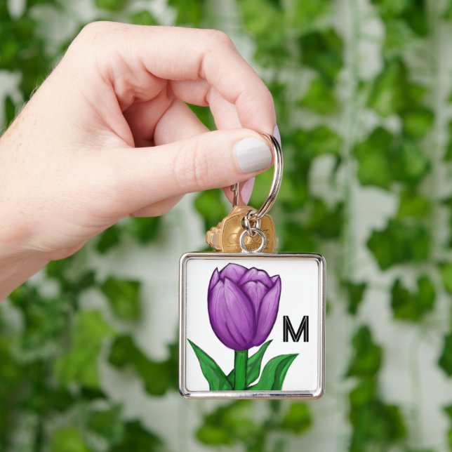 Porte-clés Tulipe violette peinte à la main Monogram (main)