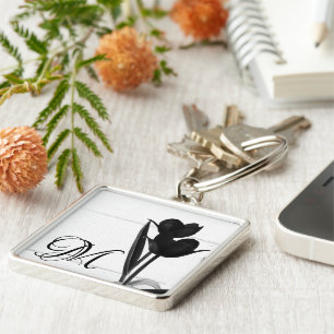 Porte-clés Tulipes noires Initiale personnalisée