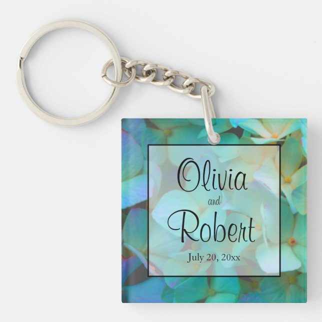 Porte-clés Turquoise bleu jaune rose hydrangée fleurs (Devant)