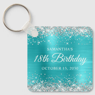 Porte-clés Turquoise Bleu Pailleté Argent Anniversaire 18 Ans