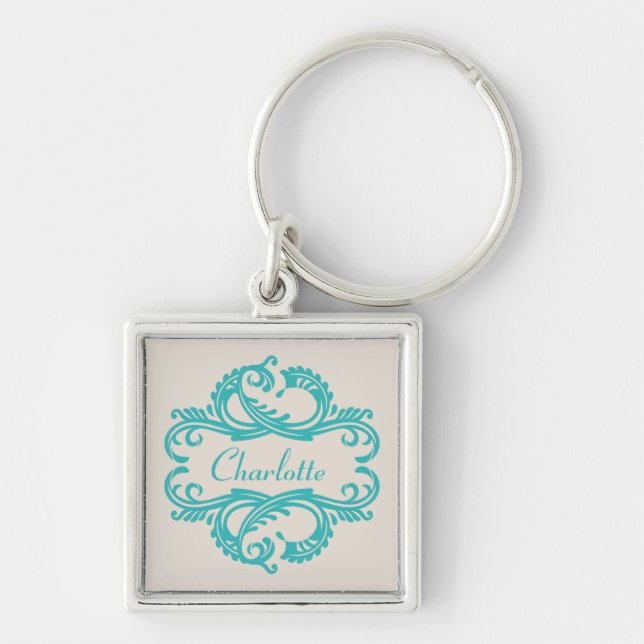 Porte-clés Turquoise Chic Damask Premium Porte - clé (Devant)