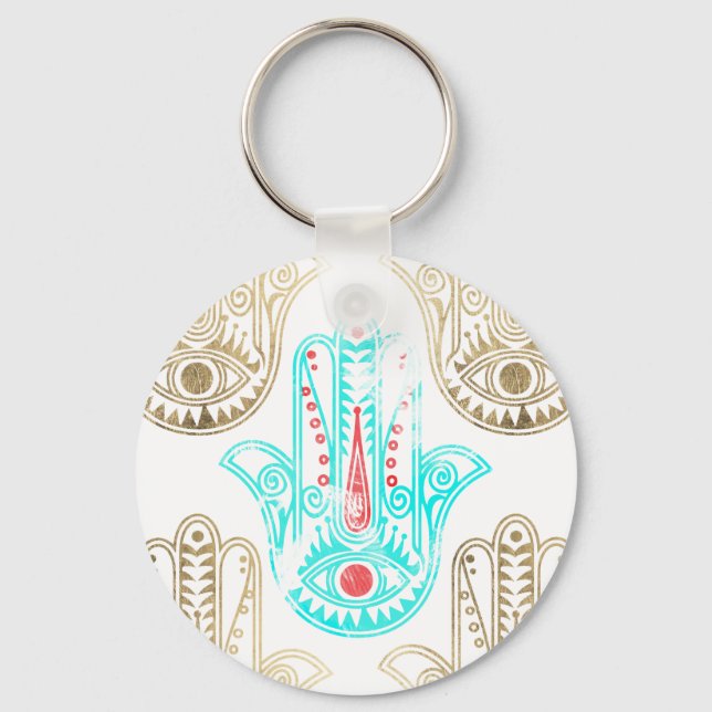 Porte-clés Turquoise faux or aquarelle Hamsa Main de Fatima (Recto)