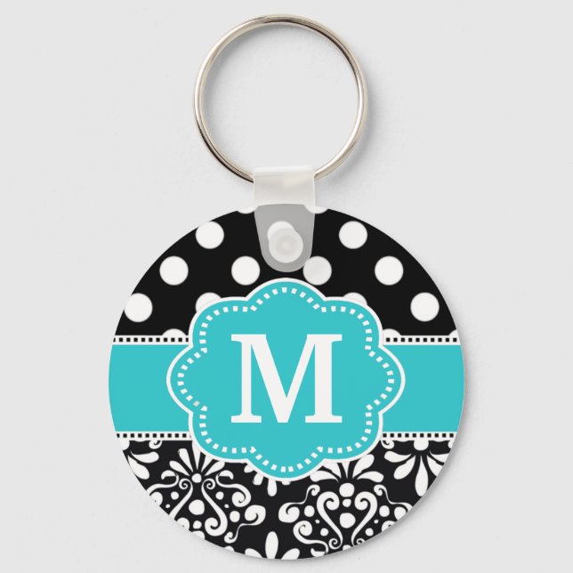 Porte-clés Turquoise Points Damask Monogram Porte - clé (Recto)