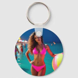 Porte-clés Twilight Beach Portrait — Femme dans Neon Pink Bik