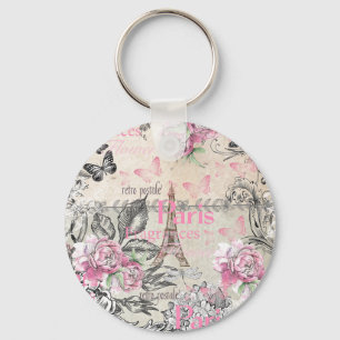 Porte-clés Typo floral noir rose vintage de Tour Eiffel de