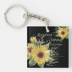 Porte-clés Typographie vintage et tournesols sur fond noir