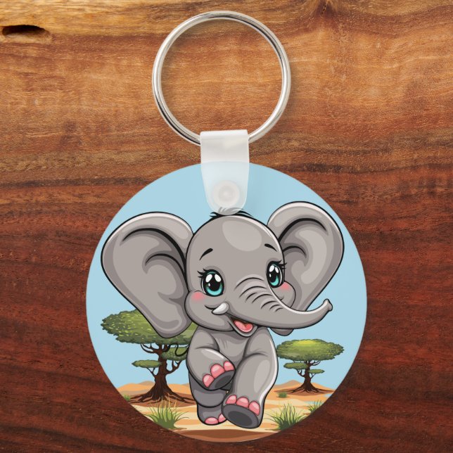 Porte-clés Un bébé éléphant qui sonne heureux dans la savane  (Recto)