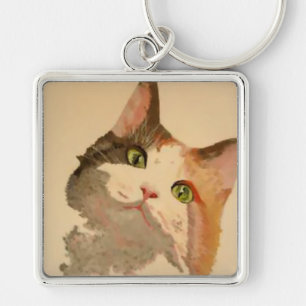 Porte-clés Un chat Calico Vert Portrait Artistique