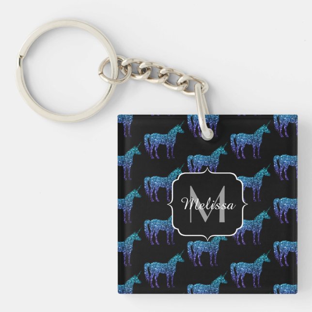 Porte-clés Unicorn Sparkles aqua blue ombre motif Monogramme (Devant)