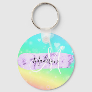 Porte-clés Unicorne colorée fille Coeurs arc-en-ciel Monogram